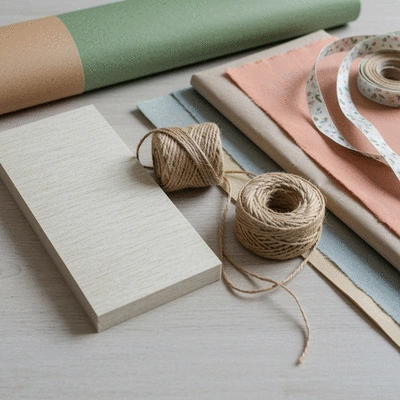 Assortment of eco-friendly gift wrapping materials like recycled paper, fabric scraps, and twine
