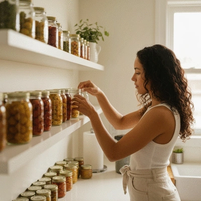 Person arranging freshly canned goods in glass jars on a shelf