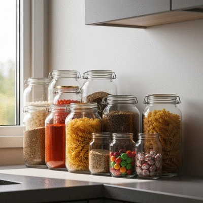 Assortment of clear glass jars with various food items stored inside, neatly arranged on a kitchen counter