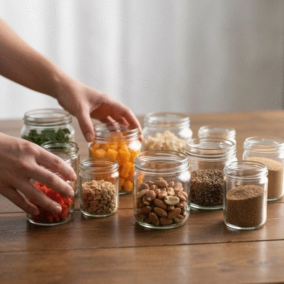Close-up of hands arranging glass jars filled with fresh ingredients for meal prep on a wooden table