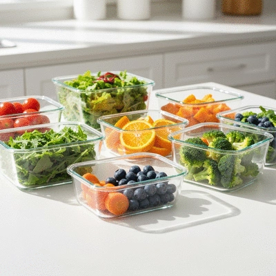 Assortment of glass food storage containers with healthy food inside on a clean kitchen counter, bright lighting, no text, no words, no typography, clean image