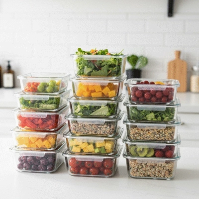 Assortment of glass meal prep containers filled with colorful, healthy food on a kitchen counter