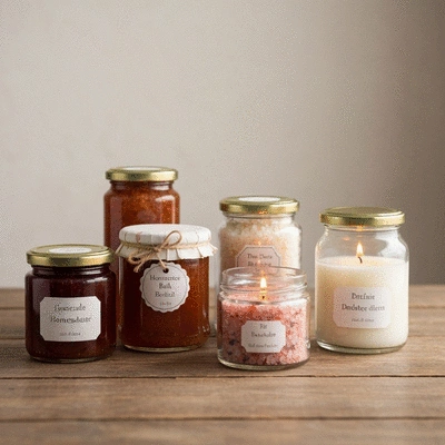Assortment of beautifully arranged handmade gifts in various glass jars, such as homemade jam, bath salts, and scented candles, on a rustic wooden table, soft focus background, no text, no words, no typography, clean image