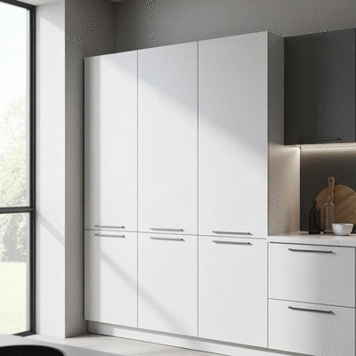 Assortment of bamboo-lid glass jars filled with various dry goods displayed neatly in a modern kitchen pantry