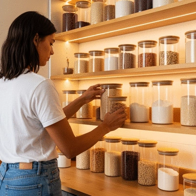 A variety of bamboo-lid glass jars used for storing bulk foods in a stylish, eco-friendly kitchen setting