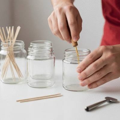 Person's hands pouring melted wax into a glass jar for candle making, with various jars and wicks in the background.