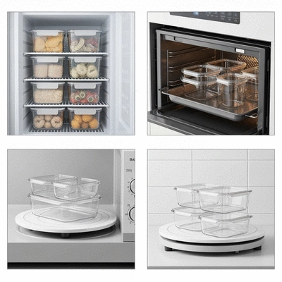 Glass food storage containers in various kitchen scenarios: in a freezer, in an oven, and on a microwave turntable, no text, no words, no typography, clean image