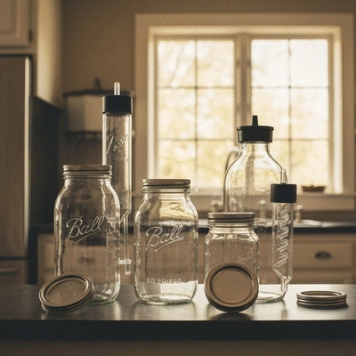 A collection of fermentation equipment including various glass jars, airlocks, and specialized lids on a rustic wooden table