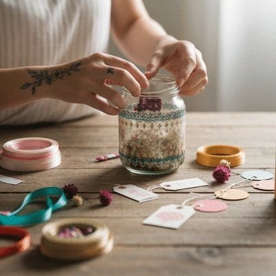 Hands preparing a homemade gift in a decorated glass jar, surrounded by craft supplies
