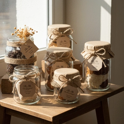 Variety of reusable glass jars used for gift packaging, filled with small items or treats