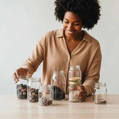 Person arranging reusable glass jars filled with various craft supplies on a wooden table