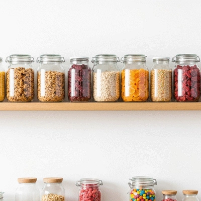 Assortment of clear glass jars with various food items stored inside, organized neatly on a kitchen shelf