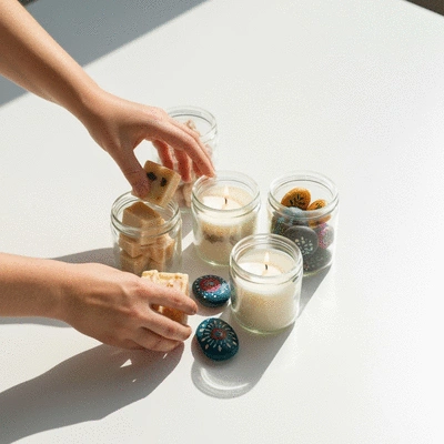 Person carefully arranging handmade items in glass jars on a white background, focus on hands and products, natural light, no text, no words, no typography, clean image