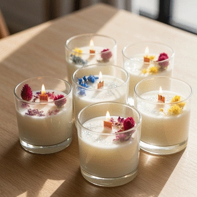 Variety of finished glass jar candles with different decorative elements like dried flowers and glitter